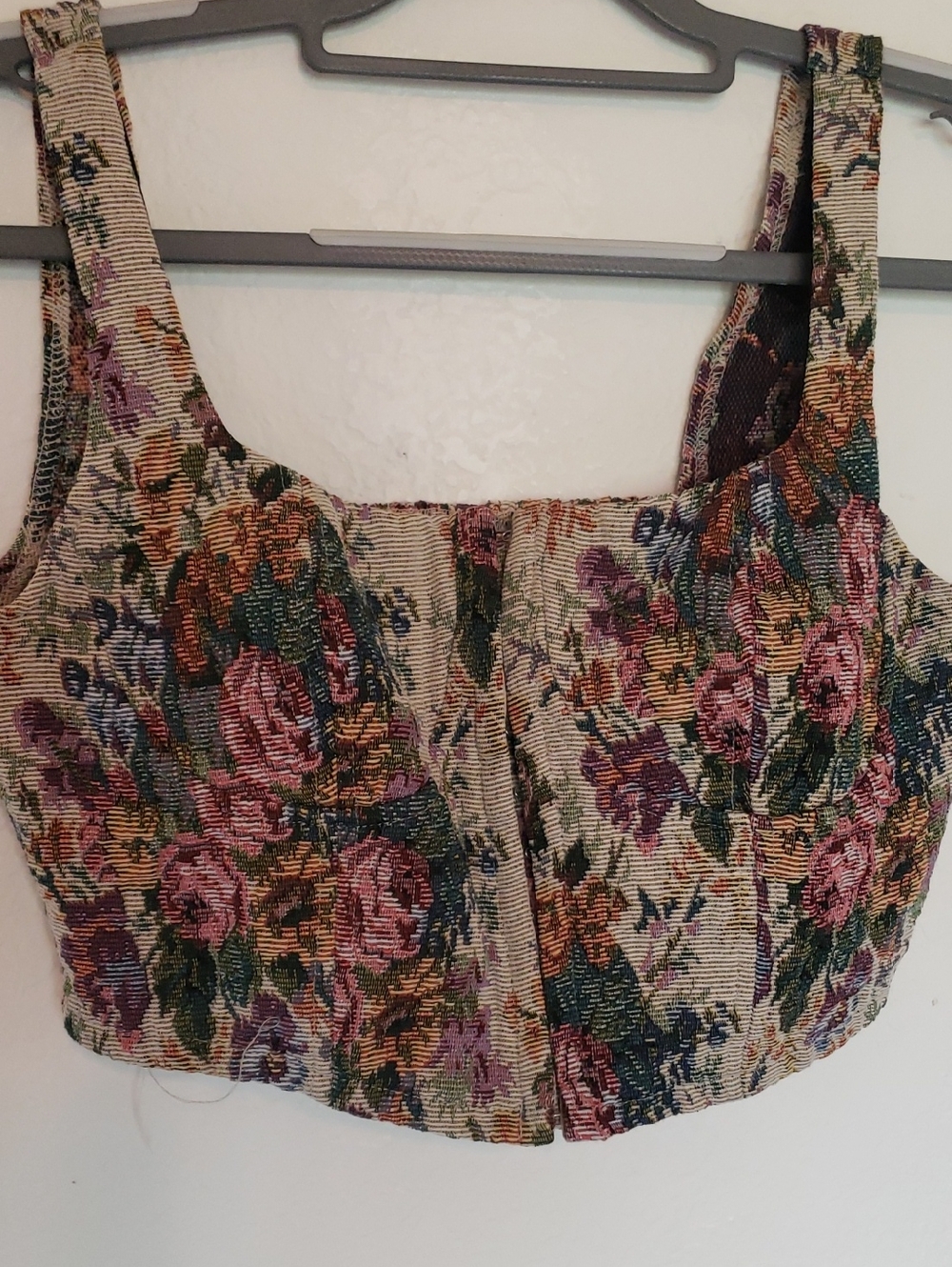 Floral Tapestry Corset Bustier Crop Top S Front Hook Eye Closures Smocked Back